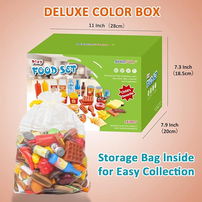 Play Food Sets,143Pcs Play Kitchen Accessories,Toy Food for Toddler, Fake Food Toys with Storage Bag, Pretend Food for Kids , Toy Kitchen Accessories for Boys Girls, Daycare Educational Toy