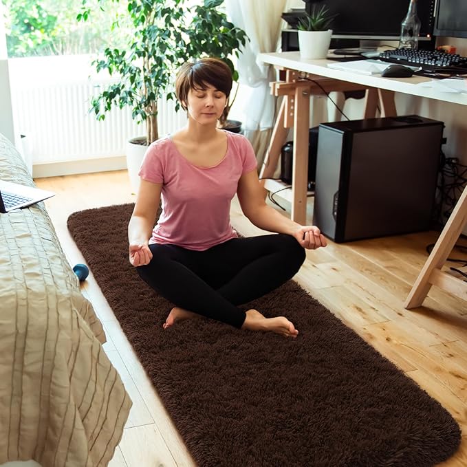 Amearea Shag Fluffy Runner Rug for Bedroom Girls Living Room, 2x6 Feet Extra Soft and Fuzzy Shaggy Rugs, Non Slip, Indoor Floor Long Carpet Mat for Boys Nursery Home Decor, Brown