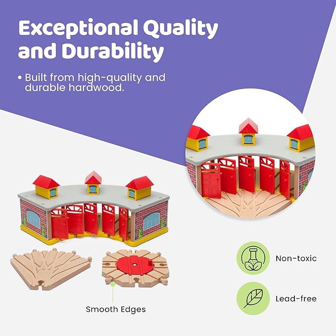 inc. Wooden Train Round House Combo with Rotating Turntable, Train Shed to House 5 Engines or Cars, Rotating Turntable Switching Track Compatible with Major Brand Railway Sets