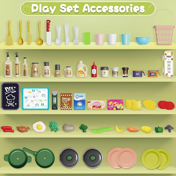 Kids Kitchen Playset Set, 63PCS Pretend Play Kitchen Toys for Toddlers, Cooking Stove with Steam Sound Light, Play Sink with Manual Faucet, Play Food Accessories Gift for Boys, 33’’H Green