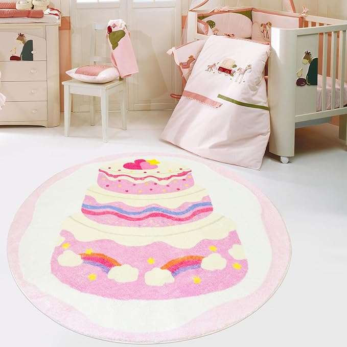 Kids Rug Pink Cake Bedroom Carpet for Girls 4Ft Round Rainbow Dessert Play Mat Circle Playroom Area Rug for Nursery Living Room Classroom Decor Washable Children Throw Rug