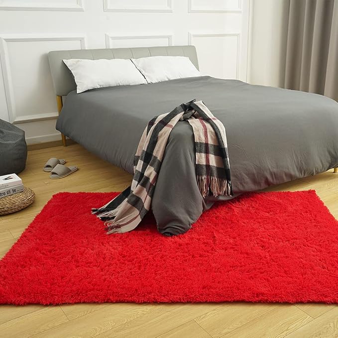 Amearea Premium Soft Area Rug 4x5.3 Feet, Modern Fluffy Rugs for Living Room, Shag Carpet for Bedroom Nursery Playroom Teen Home Decor, Comfortable Indoor Furry Dorm Carpets, Red