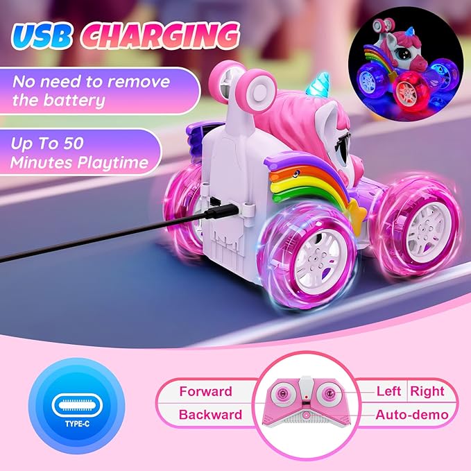 Unicorn Remote Control Car Toys for Girl - 360° Rotating Pink RC Stunt Cars 4WD Remote Cars for Kids, 2.4GHz Toy Car USB Direct Charging with LED Lights, Birthday Gift for 3 4 5 6 7 8 9 Year Old Girl