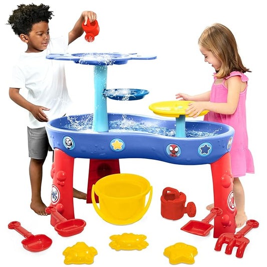 Spidey and His Amazing Friends Water Table by Delta Children| 3-Tier Water Play Table with 9-Piece Toy Set | Water Sensory Table + Summer Beach Toys for Outside Backyard for Toddlers Ages 2+, Blue