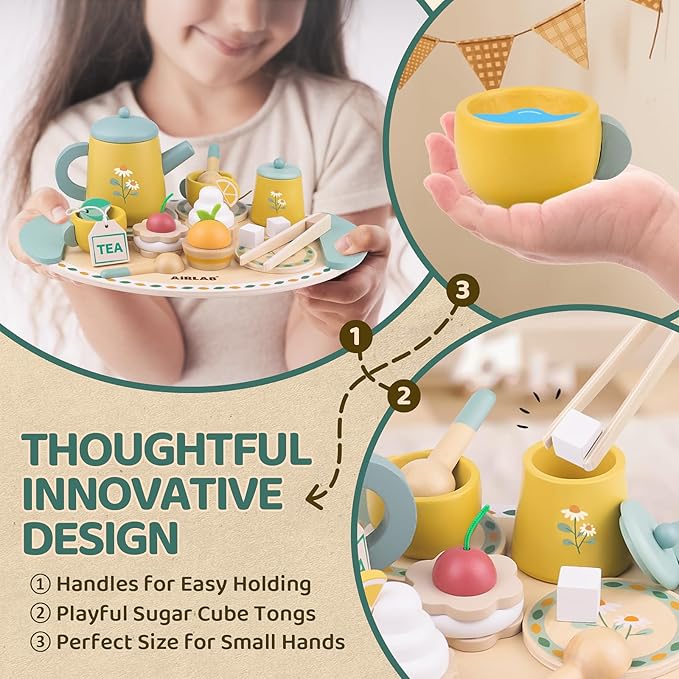 Tea Sets for Toddlers 3-5 Girl Birthday Gift 2 Year Old Princess Party Wooden Play Food Toy Sets for Kids Kitchen Accessories Age 3 4 5 6 Wood Educational Toys