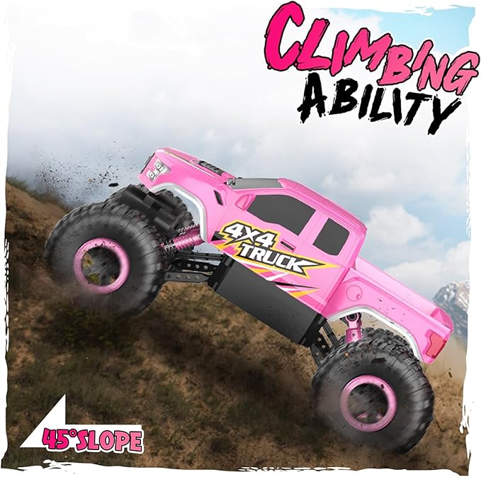 Double E Raptor F150 RC Car 4WD 2 Motors Monster Trucks for Girls, 11 Inches Off Road Crawler Vehicle Truck Toy with Rechargeable Battery Gift for Kids 6 7 8 9 10 11 12 Years-Pink