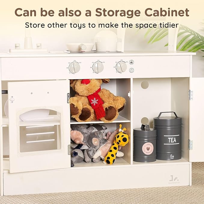 SainSmart Jr. Play Kitchen for Kids, Wooden Kitchen Playset with Lights & Sounds, Ice Maker, Oven & Sink, Trendy Home Style Toy Kitchen, Gift for 3+ Years