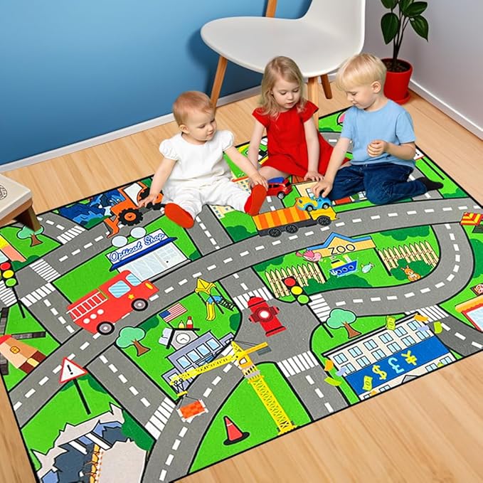 Car Track Rug - Car Rugs for Kids Toy Cars City Life Car Road Rug for Kids Large Kids Play Mat Car Rug for Kids Boys Girls Playroom Living Room Bedroom Classroom, Green, 5'×7'