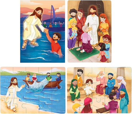 Bible Puzzles for Kids Ages 4-6 | 4-in-1 Wooden Jigsaw Puzzles in Box (15 pcs Each) | Christian Gifts for Kids | Preschool Learning Activities | Preschool Graduation Gift (New Testament B)