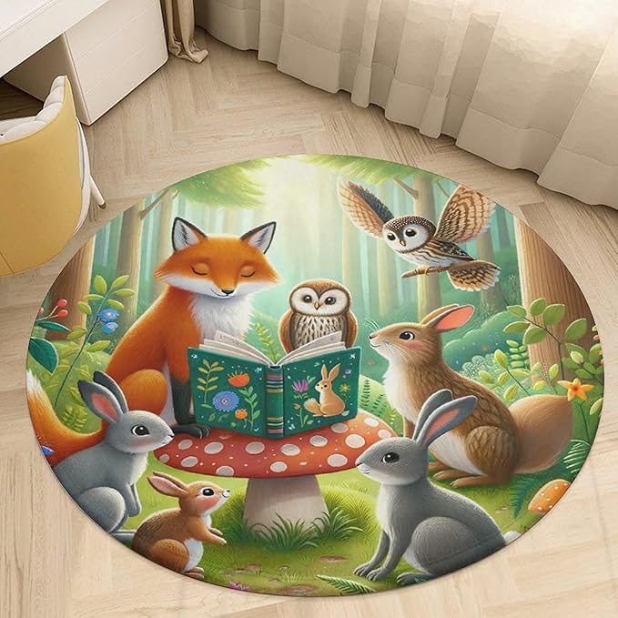 Animals Reading Books Forest 3Ft Round Rug Non-Slip Cute Cartoon Soft Kids Floor Playing Mat for Bedroom Living Room,Round Carpet for Nursery Dorm
