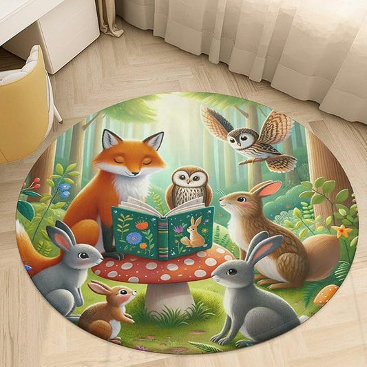 Animals Reading Books Forest 3Ft Round Rug Non-Slip Cute Cartoon Soft Kids Floor Playing Mat for Bedroom Living Room,Round Carpet for Nursery Dorm