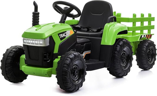 TOBBI Kids Electric Ride On Toy Tractor, 12v Battery-Powered 4 Wheels Ride On Car with Trailer, 35W Dual Motors/3-Gear-Shift/LED Lights/USB Audio Functions for Toddlers 3-6 Years-Green
