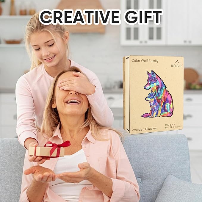 Colorful Wolf Family 200 Pieces Wooden Jigsaw Puzzles for Adults Unique Irregular Shape Fun Challenging Animal Puzzles for Kids and Couples on Birthday,Children’s Day,Christmas 9.4"*13"