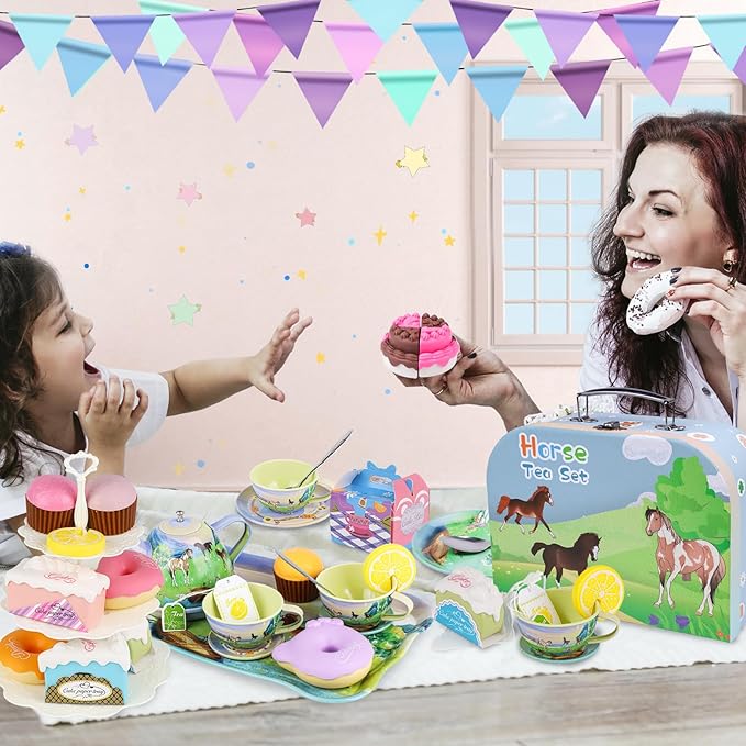 Tea Party Set for Little Girls,50PCS Princess Horse Tea Time Toy Including Food Sweet Treats Playsets,Teapot Tray Cake,Tablecloth & Carrying Case,Kids Kitchen Pretend Play for Girls Boys Age 3 4 5 6
