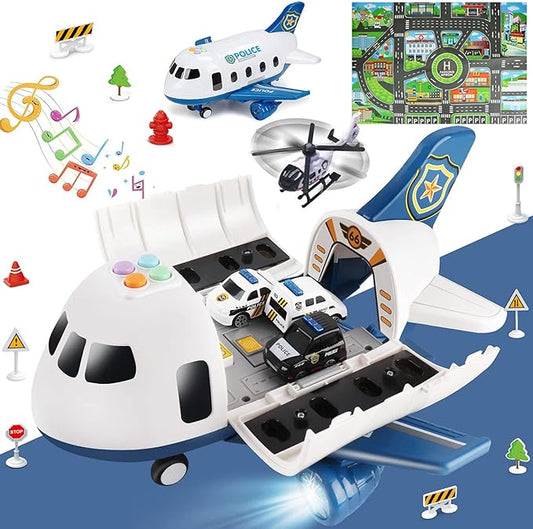 Dwi Dowellin 5 in 1 Airplane Toys with Light and Sound,Police car Toys with Activity Mat, Christmas Birthday Gifts for Kids 3 4 5 6 Year Old Boys Girls