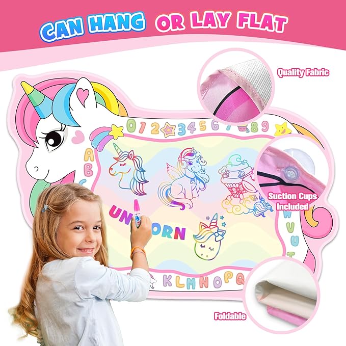 Unicorn Water Doodle Mat for Toddlers 2-5, 56 X 40 Inches Extra Large Water Painting Doodle Drawing Mat Preschool Educational Learning Toys Birthday Party Xmas Unicorns Gifts for Girls Age 2 3 4 5
