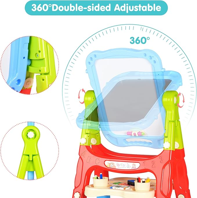 Amagoing Easel for Kids, Adjustable Standing Art Easel for Toddler, Double Magnetic Drawing Board with Painting Accessories, Gift for Little Boys and Girls Age 3 4 5, Blue