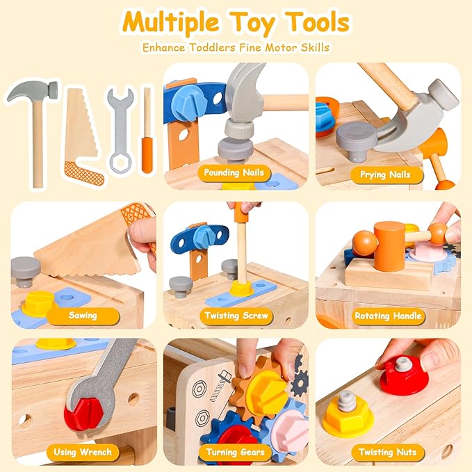 TONZE Kids Tool Set with Apron, Wooden Toddler Tool Bench Montessori Toys for 2+Year Old 39 PCS Educational STEM Construction Toys for Ages 2-4 Pretend Play Toddler Toys 3 4 5 Year Old Birthday Gift