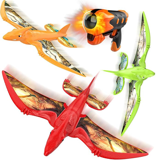 3 Pack Dinosaur Airplane Launcher Toys for Kids, Foam Airplanes for Kids Boys Toys with Stickers, Outdoor Flying Toys Birthday Gifts for 4 5 6 7 8 9 10 12 Year Old Boys Girls.