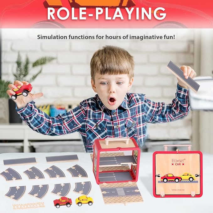 Wooden Toy Car Set for Toddlers, Car Track and Parking Garage Playset, Toy Vehivle Set with Blocks Storage Box for Kids Boys and Girls