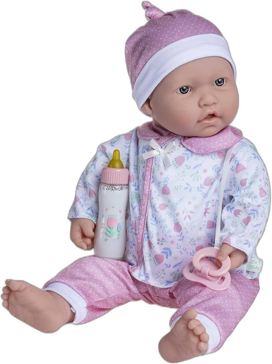JC Toys La Baby Caucasian 20-inch Small Soft Body Baby Doll | Washable |Removable Pink Floral Outfit w/ Hat, Pacifier & Magic Bottle | for Children 12 Months +