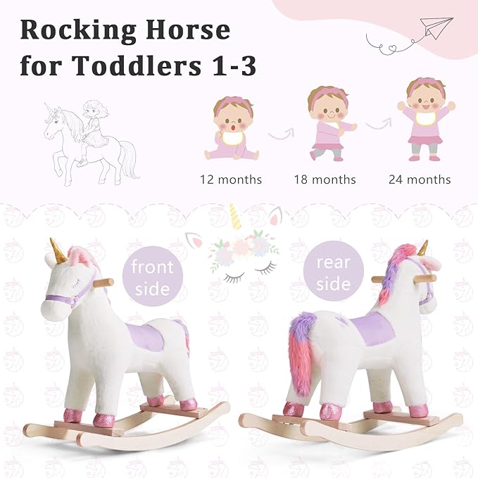 labebe - Toddler Rocking Horse, Ride Unicorn, Kid Ride On Toys for 1-3 Year Old, Plush Animal Rocker with Realistic Sounds, Baby Unicorn Rocker Gift for 12M+ Baby Girls Boys(Purple)