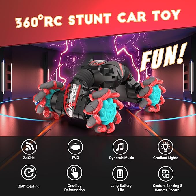 360° Rotating 4WD Transform Twist Cars Remote Control Car with Lights Music, 2.4GHz Hand Controlled RC Car for Boys & Girls 6 7 8 9 10 11 12 Year Old Birthday Xmas Gifts