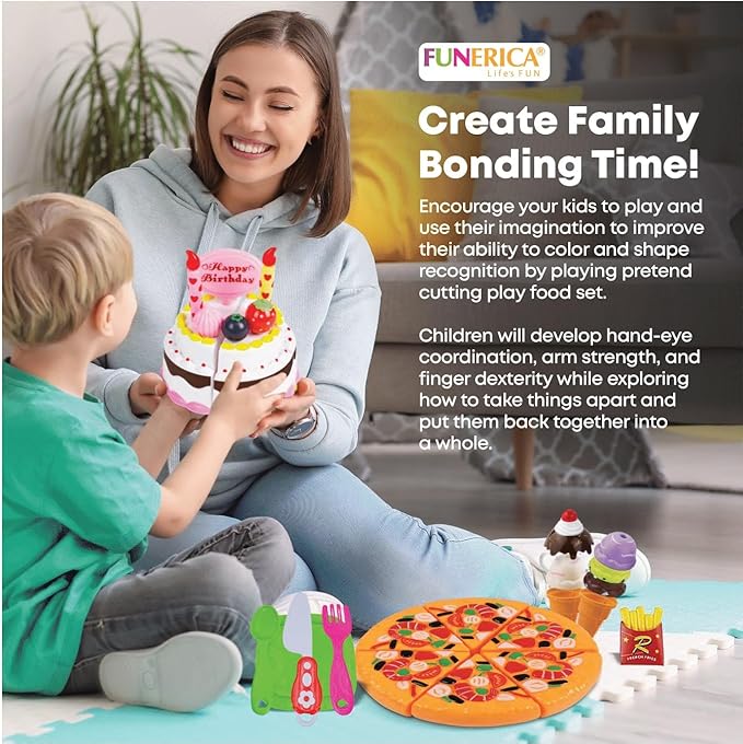 FUNERICA Play Food Goodies Set - Features Cutting Pizza, Ice Cream, Toy Birthday Cake, Fries, Dessert – Pretend Kitchen Toys for Toddlers, Boys, Girls
