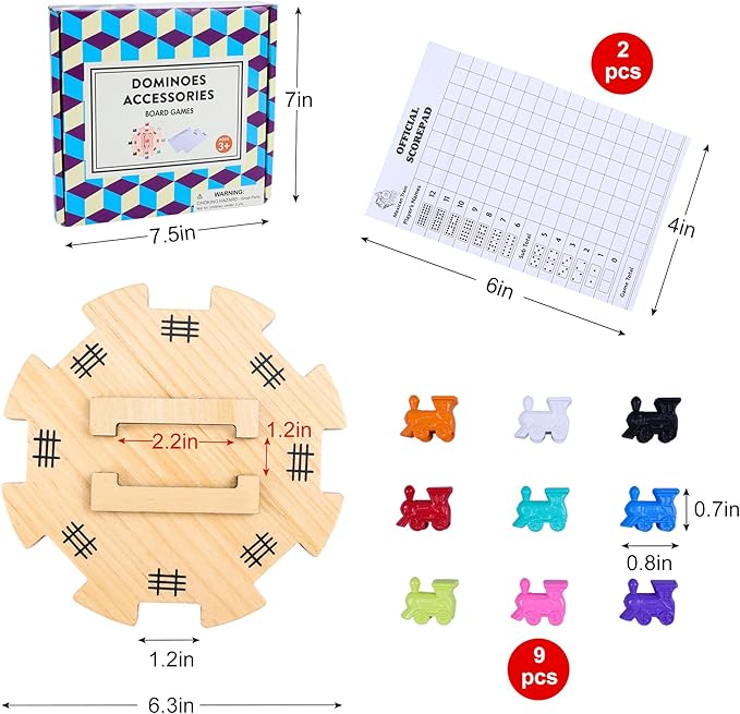 Mexican Train Dominoes Accessories Set - 1 Pine Wooden Mexican Train Hub with Felted Bottom, 9 Colorful Metal Mexican Train Markers, 2 * 50-Sheet Mexican Train Score Pads