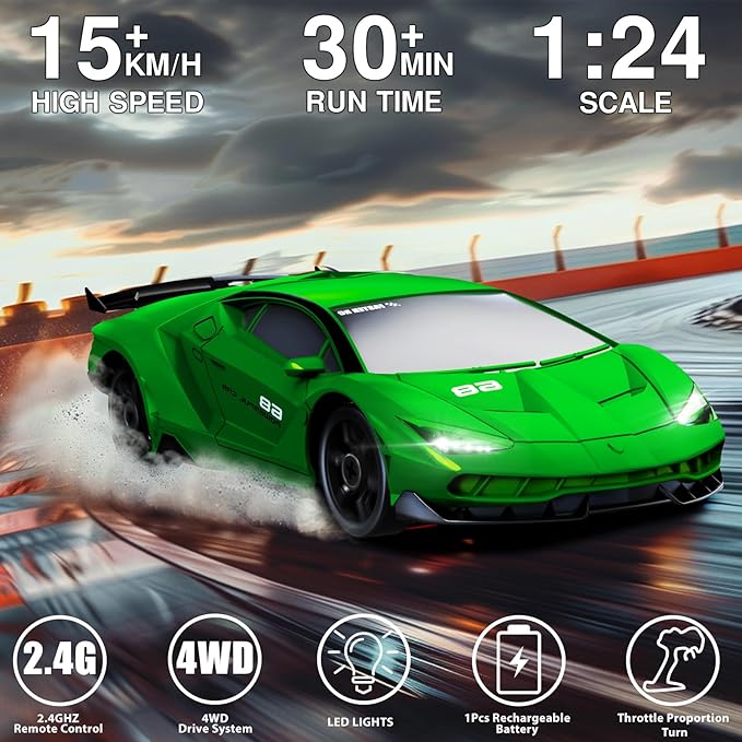 RC Drift Car 1:24 Remote Control Car 4WD 15KM/H High Speed Racing Sport Car with LED Lights RC Cars Toy Cars for Kids Boys Girls Adults Gifts Birthday Christmas Rechargeable Batteries