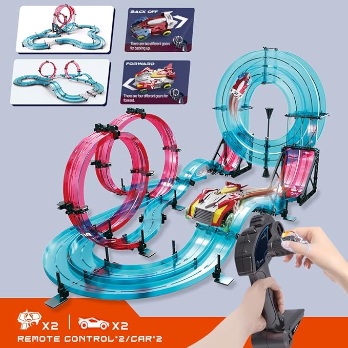 Slot Car Race Track Sets for Kids, Hot Magnetic Attraction Track Builder, Electric Remote Control Track Car Birthday Toys for Boys Kids Age 6 7 8-12