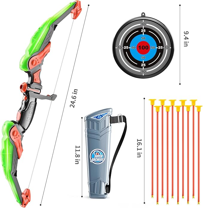 Bow and Arrow Set for Kids - LED Light Up Archery Toy Set - Includes 10 Suction Cup Arrows, Target & Quiver, Indoor & Outdoor Kids Archery Boys Toys