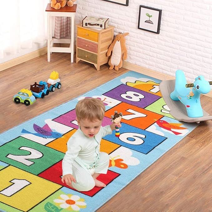 Hop and Count Hopscotch Rug, Kids Floor Play Area Rug Game Carpet Crawl Jump Mat, Children Numbers Learning Non-Slip Rug, Great for Ages 3 to 7 Boys Girls, Home Decor, 26''x78''