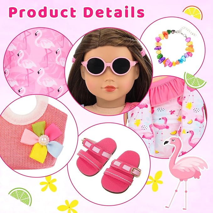UNICORN ELEMENT 10 Pcs 18 Inch Doll Clothes and Accessories, American 18 Inch Girl Dolls Swimsuits Beach Themed Playsets for 18” Dolls Including Doll Swimsiut, Bag, Sunglasses, Shoes, Necklaces