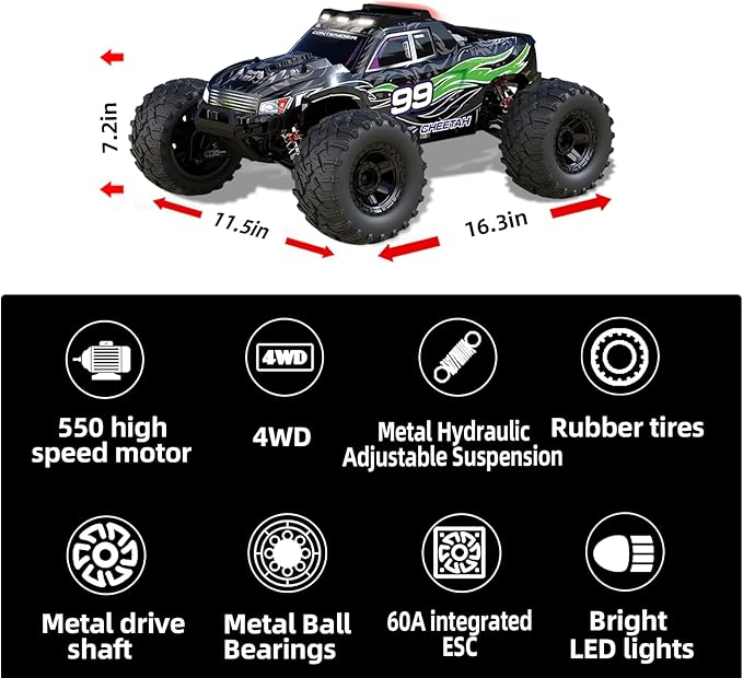 1:10 Large Brush RC Car for Adults, Fast Remote Control Car, 28+ MPH Rc Hobby Truck with Headlights, All Terrain 2.4 Ghz Electric Hobby Rc Cars, 4WD Off Road Monster Truck for Adults-Green