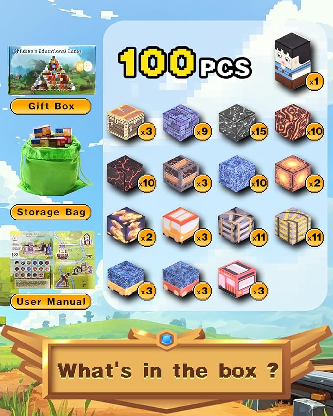 Magnetic Blocks Building Toys for Kids: 100PCS Magnet Cubes Trains Set - Kids Toys for Christmas Birthday Gifts - Magnetic World for Boys & Girls 3+