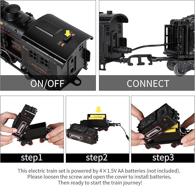 Kids Train Set ，Electric Metal Alloy Train Toy for Boys Girls w/Smokes, Lights & Sound, w/Steam Locomotive Engine, Cargo Cars & Tracks