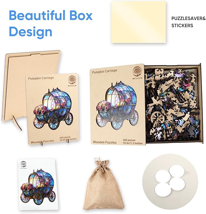 Wooden Puzzles, Pumpkin Carriage Jigsaw Puzzles 200 Pieces, 5MM Thick Unique Shaped Flower Brain Teaser Puzzles Birthday Gifts for Kids Family Game 10.9 * 11.2inch
