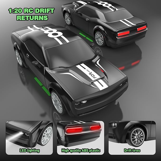 Remote Control Car RC Drift Car 2.4GHz 1:20 Scale 4WD 20KM/H High Speed Remote Control Cars Vehicle with LED Lights Drifting Tire 2Pcs Rechargeable Batteries Toy Cars for Adults Boys Girls (Black)