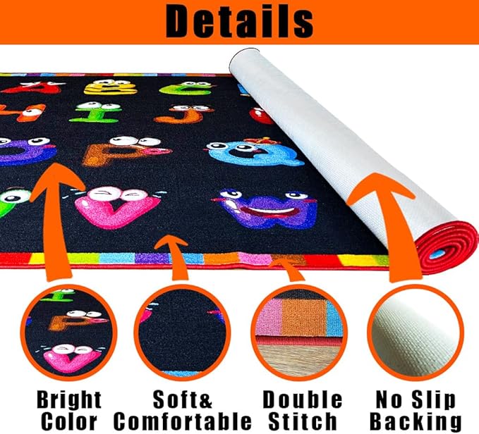 6'7''x8'7'' ABC Black Classroom Rug, Daycare Rugs for Classroom, Large Classroom Rugs Elementary, Preschool Rugs for Children, Kindergarten Educational Rug for Classroom