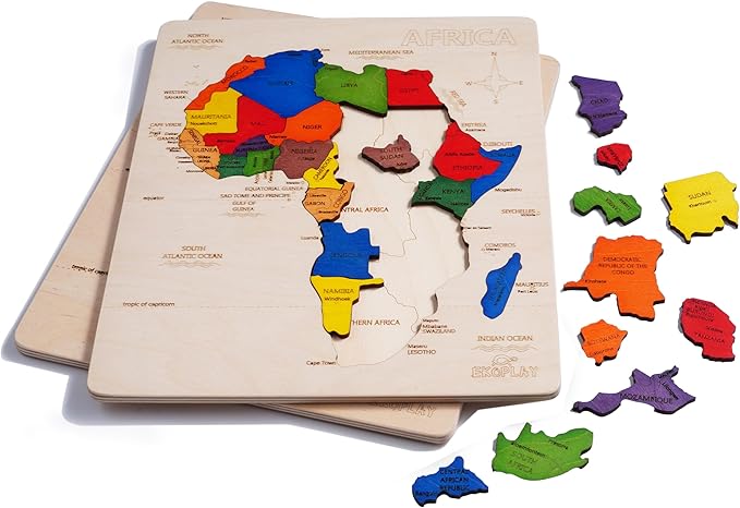 EKOPLAY’s Africa MAP Wooden Puzzle for Kids, 31 Piece Jigsaw Puzzle for School Kids, Learning Educational Toys Gifts for Boys Girls.