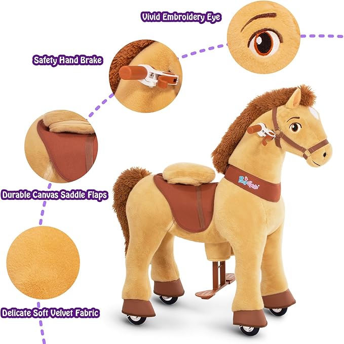 PonyCycle Horse Ride on Pony Toys Riding Horses Rocking Horse Walking Essential Model E (with Brake/ 35.4" Height/Size 4 for Age 4-7) Boys and Girls Gifts Ride on Horse with Wheels Light Brown E436