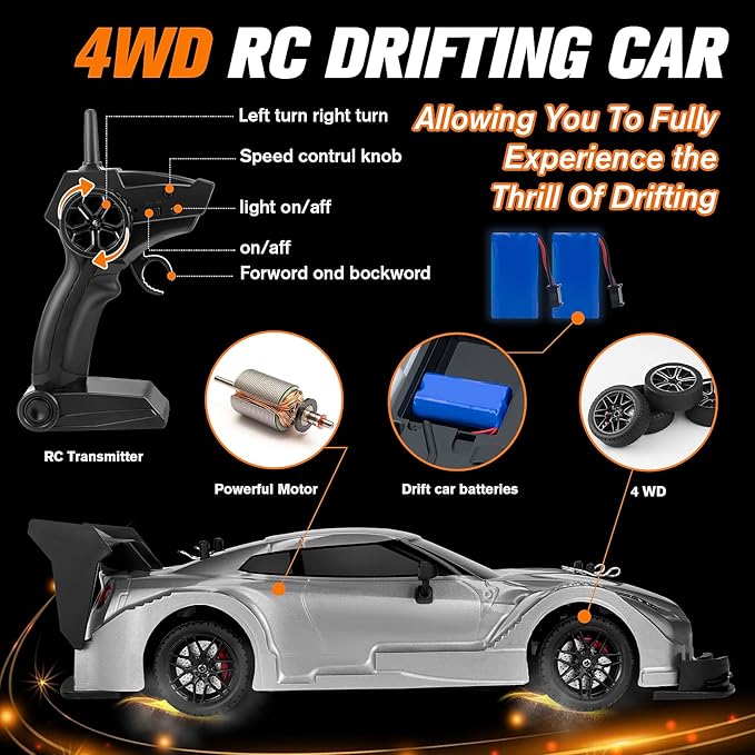 RC Drift Car, 1:16 Scale Drifting RC Cars, 2.4GHz 4WD RC Race Car, 40km/h High-Speed Remote Control Drift Car Vehicle, Racing Sport for Boys Girls Kids - 2 USB Rechargeable Batteries (Silver)