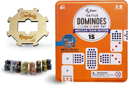 Regal Games - Mexican Train Dominoes Game Set - Double 15 Colored Dot Dominoes - 8 Metal Trains, 136 Tiles, Wooden Hub, Collector’s Tin - Fun Family-Friendly Game - for 2-8 Players