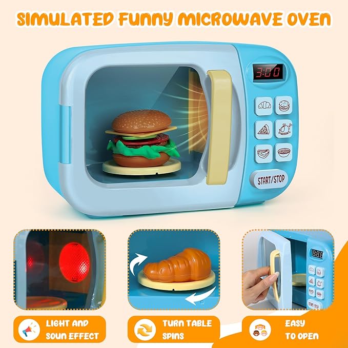Microwave Kitchen Play Set with Light Sound for Kids with Pretend Fake Food and 6 Color DIY Play-Dough Clay Great for Toddlers 3 and Older Grils and Boys (Blue)