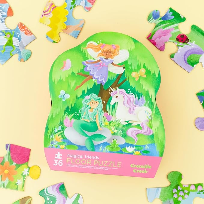 Crocodile Creek 36-Piece Jigsaw Floor Puzzle - Fun Floor Puzzles for Kids Ages 3-5 - Heavy-Duty Shaped Box for Storage - Magical Friends - 24" W x 18" H Finished