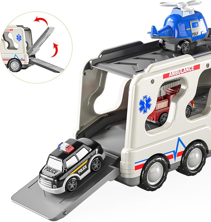 TEMI 5 Pack Ambulance Vehicle Toddler Truck Toys for 3 4 5 6 Year Old Boys, Friction Powered Cars with Toy Helicopter, Police Car, Fire Truck, Ambulance Car, Birthday Gifts for Girls Age 3-9