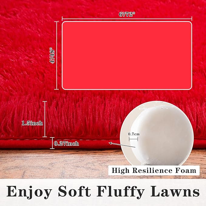 Super Fluffy Rug for Bedroom, 6x9 Feet, Modern Shag Red Area Rugs, Soft and Cozy Plush Large Carpet for Kids, Girls Boys and Teens Decorations for Living Room Dorm Nursery Classroom, Red