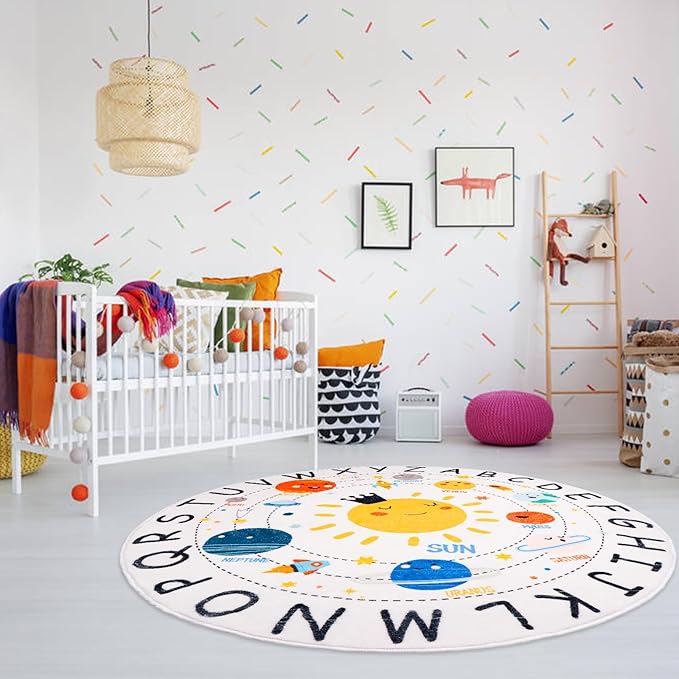 ABC Kids Rug,4 ft Washable Nursery Rug,Soft Plush Educational Circle Rug,Non-Slip Solar System Alphabet Rug for Classroom playroom Bedroom Kids Room Decor
