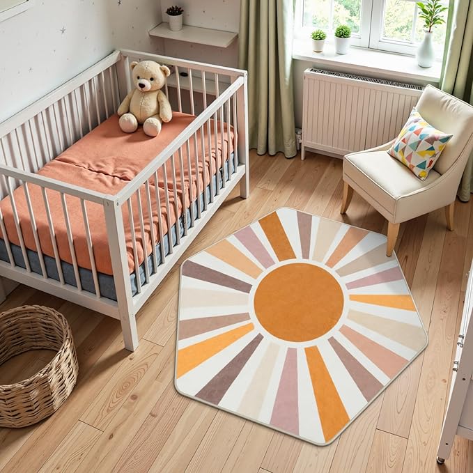 STARUIA Boho Washable Hexagon Rainbow Nursery Rug for Princess Tent Kids Play Castle, 4.6ft Colorful Sun for Kids Play Room, Ultra Soft Carpet for Girls Boys Room Playhouse Classroom Dorm Home Decor